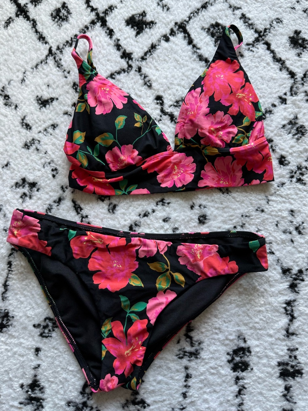 Billabong Black Bikini with Pink and Green Floral Print